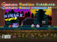 Flurrie and Mario performing a Guard against a Crazee Dayzee in Twilight Trail in Paper Mario: The Thousand-Year Door