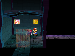 Mario next to the Shine Sprite halfway from the outdoor pipe to the inside of Creepy Steeple in Paper Mario: The Thousand-Year Door.