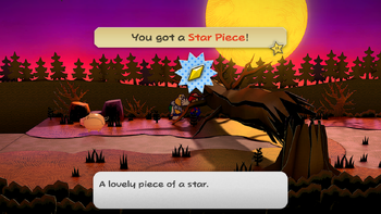 Mario getting the Star Piece behind the fallen tree in Twilight Trail in the remake of the Paper Mario: The Thousand-Year Door for the Nintendo Switch.