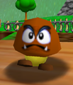 A Goomba standing on the bridge in Bob-omb Battlefield