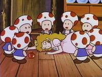 The seven Toads surrounding a poisoned Peach in Super Mario Shirayuki-hime