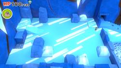 Mario standing near four boulders containing a Coin, 10-Coin, 100-Coin and Shiny Fire Flower in Sea Tower of The Origami King.