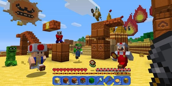 Banner for a Play Nintendo opinion poll on which Super Mario-themed skin to use first in Minecraft: Wii U Edition. Original filename: <tt>2x1_MinecraftMashupSkins_v02.0290fa98.jpg</tt>