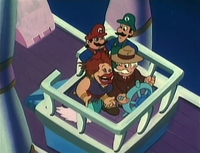 Mario, Luigi, Mark Twang, and the Mouth of the River aboard the Ding Bell in The Super Mario Bros. Super Show! episode "Rolling Down the River"