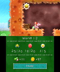 Smiley Flower 4: Found in a hidden area in the ceiling after the upward slope leading to the walls of soft rock. Pink Yoshi can access it by jumping off a Chomp Rock or an enemy.