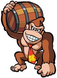 Artwork of Donkey Kong holding a Barrel in Mario vs. Donkey Kong. This artwork was reused for the sequel, Mario vs. Donkey Kong 2: March of the Minis