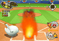 Mario using the Red Fireball move in Mario Superstar Baseball