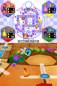 Princess Daisy approaching a Hex in Mario Party DS, from the board Wiggler's Garden.