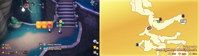 Mario and Luigi near wooden crates containing a Coin on Great Lighthouse Island of the Lushgreen Sea of Mario & Luigi: Brothership.