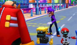 Dr. Eggman challenges Waluigi to face off against Metal Sonic while Orbot & Cubot look uneasy