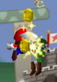 Mario uses his Super Jump Punch move in Super Smash Bros.