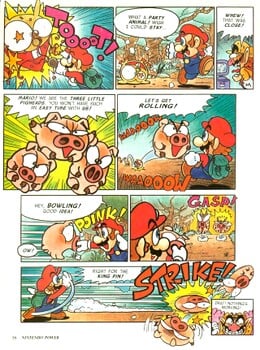 A page of the Mario vs. Wario comic, showing Mario fighting against the Three Little Pigheads