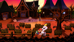 Mario getting the Star Piece in a clump of grass in Twilight Town in the remake of the Paper Mario: The Thousand-Year Door for the Nintendo Switch.