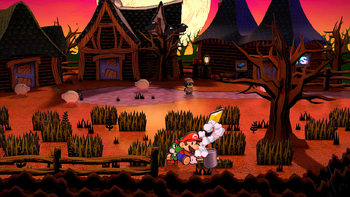 Mario getting the Star Piece in a clump of grass in Twilight Town in the remake of the Paper Mario: The Thousand-Year Door for the Nintendo Switch.