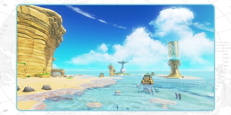 Screenshot of the Seaside Kingdom from Super Mario Odyssey, shown with the first question of the Which beach is which? quiz