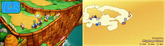 Mario fishing out a Bullionfish on Shipshape Island of Mario & Luigi: Brothership.