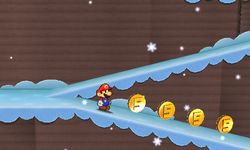 Mario near 4 Five Coins in Snow Rise of Paper Mario: Sticker Star.