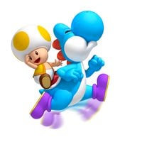 Yellow Toad (character) riding on a Light Blue Yoshi.