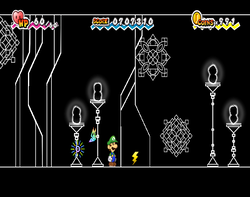 Luigi finding the second Thunder Rage in Castle Bleck Foyer of Super Paper Mario.