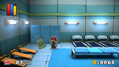 Mario near a Frog Suit Battle Card in Fort Cobalt of Paper Mario: Color Splash.