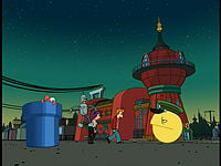 A blue warp pipe and Pac Man in Futurama.