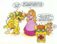 A two-panel comic of Princess Peach and Bowser talking, leading in to the song "Ignorance is Bliss". Bowser says "...And then I'll join OPEC!", followed by Princess Peach saying "You? You make Mario and Luigi look like Brain Surgeons! You're too ignorant to be an oil tycoon." In the corner, there is a close-up of Bowser's face with Peach pointing from behind it. Bowser continues, saying "So? I'll take brute force and a bad attitude over smarts and education anyday, 'cause ignorance is bliss!" Peach simply responds "Song cue!".