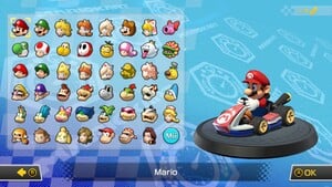 Character selection from Mario Kart 8 Deluxe including Gold Mario. Featuring the Breath of the Wild variant of Link from the Ver. 1.6.0 update, Birdo from the Ver. 2.3.0 update, Petey Piranha, Wiggler, and Kamek from the Ver. 2.4.0 update, and Peachette, Diddy Kong, Funky Kong, and Pauline from the Ver. 3.0.0 update.