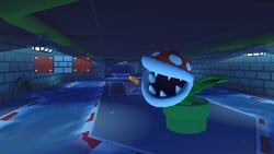 View of 3DS Piranha Plant Slide in Mario Kart Tour; this image was used to tease Petey Piranha and the Piranha Pipes, which can be partially seen behind the right side of the Big Piranha Plant.