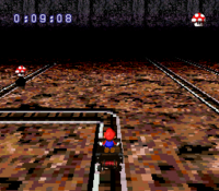 Mario in a Mine Cart in the Mole Mines in Super Mario RPG: Legend of the Seven Stars.