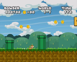 Screenshot of Bowser at a hidden ? Block location in World 1, in Paper Mario: The Thousand-Year Door.
