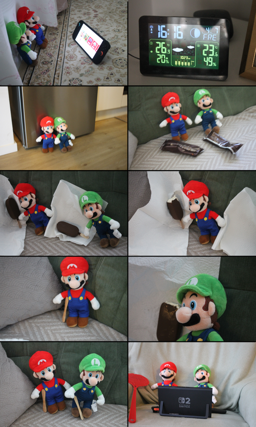 Ten photographs are shown in comic format, arranged left to right, top to bottom. In the first, Mario and Luigi are shown with a Switch 2. In the second, a home weather station is seen, displaying a warm temperature. In the third, Mario and Luigi are near a fridge. The fourth shows Mario and Luigi with a package of chocolate ICEs ice cream. The fifth shows Mario and Luigi with ICEs ice cream in hand. In the sixth, Mario is starting to eat the ice cream, and in the seventh, Mario is finishing the ice cream. The eighth shows Luigi starting to eat the ice cream. In the ninth, Mario and Luigi are all finished eating their ICEs. In the final image, Mario and Luigi are playing on the Switch 2.