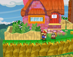 Mario near the three Turtley Leaf plants in Petalburg of Paper Mario: The Thousand-Year Door.