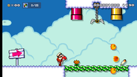 A sky theme in the Super Mario World style with Red Yoshi spitting fireballs