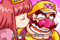 Wario receiving a kiss from her "young" form.