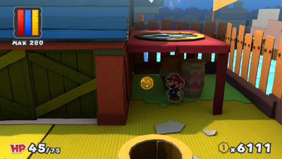 Mario near a Coin in Château Chanterelle of Paper Mario: Color Splash.