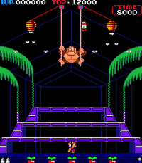 Screenshot of the blue greenhouse in the arcade version of Donkey Kong 3