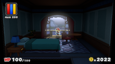 Mario near the unrevealed ghost in the Room 203 of Dark Bloo Inn of Paper Mario: Color Splash.