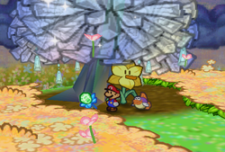 Mario collecting Crystal Berry after Posie shakes it off the tree in Flower Fields of Paper Mario.