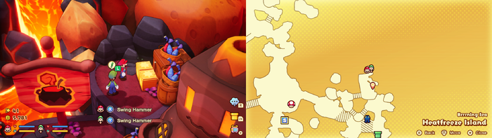Mario and Luigi near wooden crates containing 2 Coins on Heatfreeze Island of Mario & Luigi: Brothership.