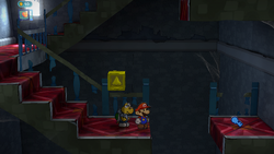 Mario near the blue Castle Key in Hooktail Castle of Paper Mario: The Thousand-Year Door for Nintendo Switch.