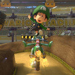 Baby Luigi performing a trick. Mario Kart 8.