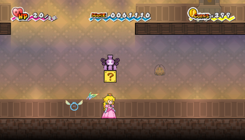 First ? Block in Merlee's Mansion of Chapter 2-3 of Super Paper Mario.