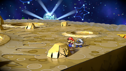 Mario near the rock containing a Power Punch on the Moon of Paper Mario: The Thousand-Year Door for Nintendo Switch.