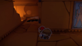 Professor Toad hiding behind Mario as a shadow of a faceless Toad looms
