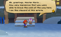 Mario talking to the steward outside The Enigmansion.