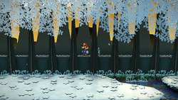 Mario at a hidden ? Block location in Boggly Woods, in the remake of the Paper Mario: The Thousand-Year Door for the Nintendo Switch.