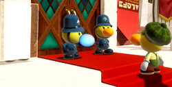 The Junior Detective rejection dialog in The Case of the Missing Mural in Princess Peach: Showtime!, showing him (right), two police officers (center), and a postgame Ninja Theet (left) with his shoes peeking out below his curtain wall disguise.