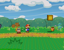 Mario getting a Mystery from a bush in the western part of Petal Meadows of Paper Mario: The Thousand-Year Door.