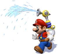 Artwork of Mario spraying water out of F.L.U.D.D. in Super Mario Sunshine