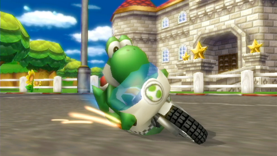 Yoshi, committing to the turn on the Mach Bike, a hang-on type bike.